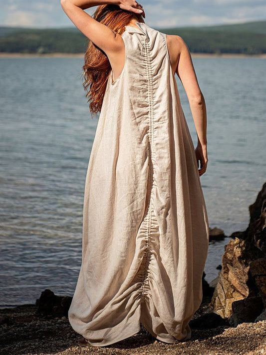 Stand Collar Sleeveless Loose Cotton Linen Dress
