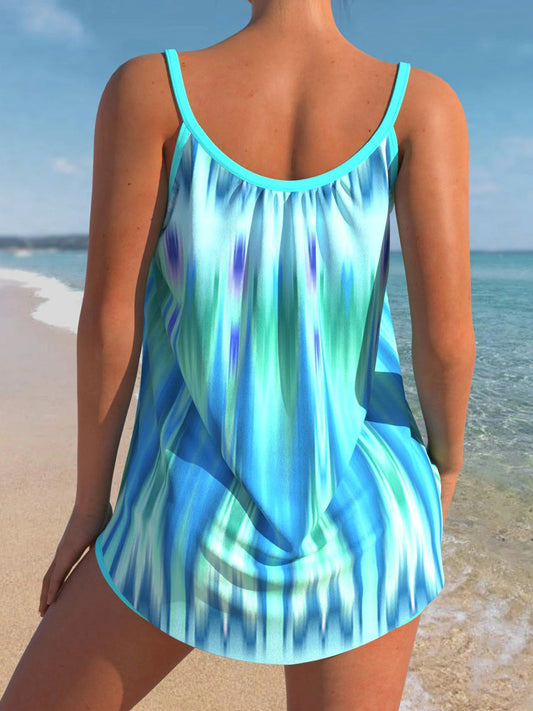 Colorful Print Bowknot Ombre Tankini Set