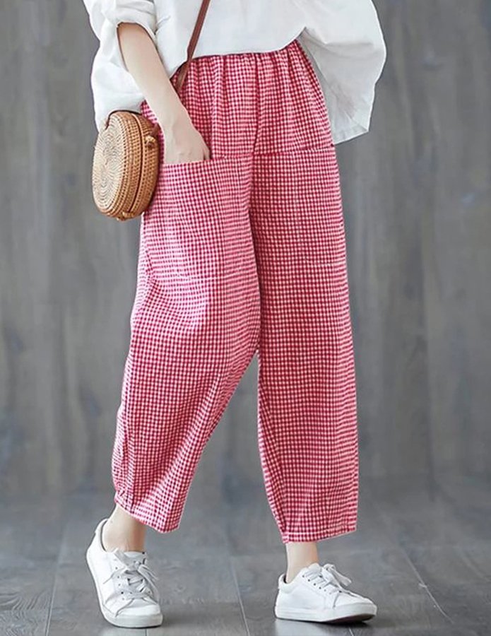 Women's Printed Vintage Plaid Elastic Waist Casual Pants