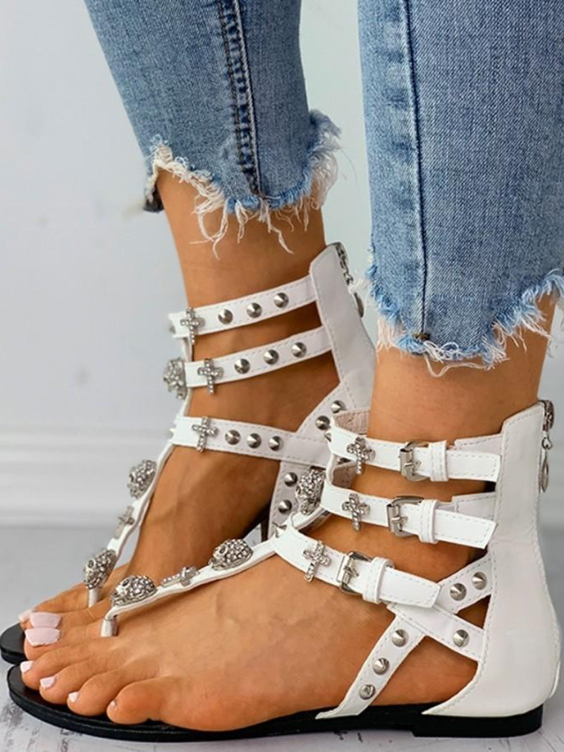 Skull Rhinestone Straps Flat Sandals