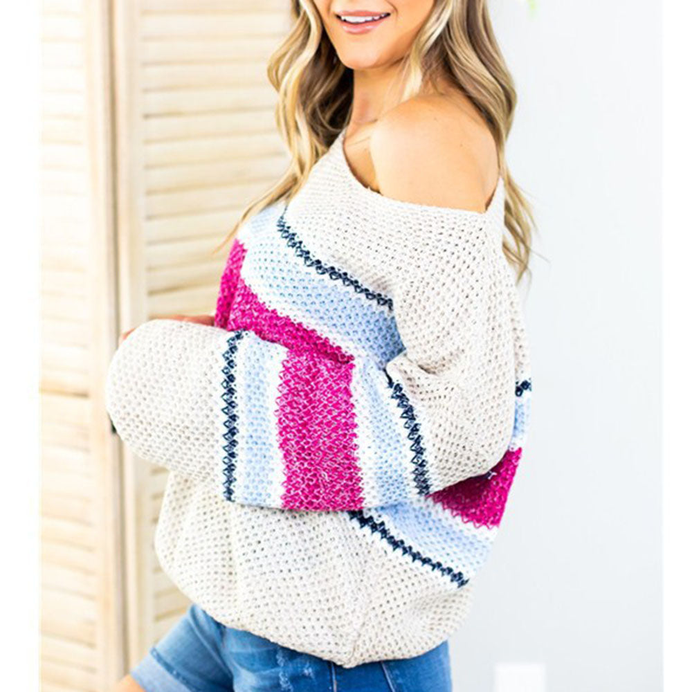 Round Neck Stripes Cold Shoulder Long Sleeves Spring Women's Casual Sweater