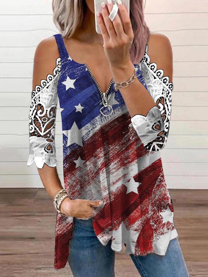 Women's Flag Print Off Shoulder Zip V-Neck Sling Lace Short Sleeve T-Shirt