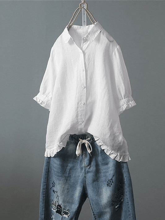 Women's Single Breasted Ruffle Cotton Linen Short Sleeved Shirt