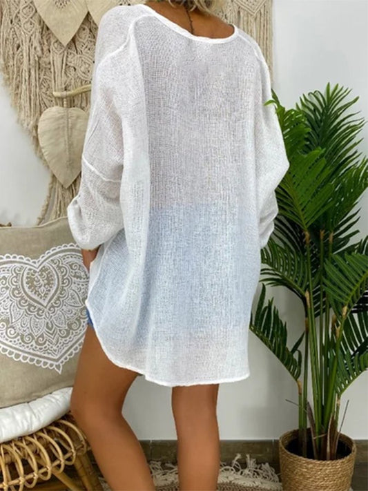 Women's Cotton Linen Heart V-Neck Loose Top