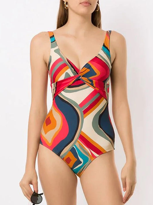 Fashion Colorblock Geometric Print Swimsuit Set