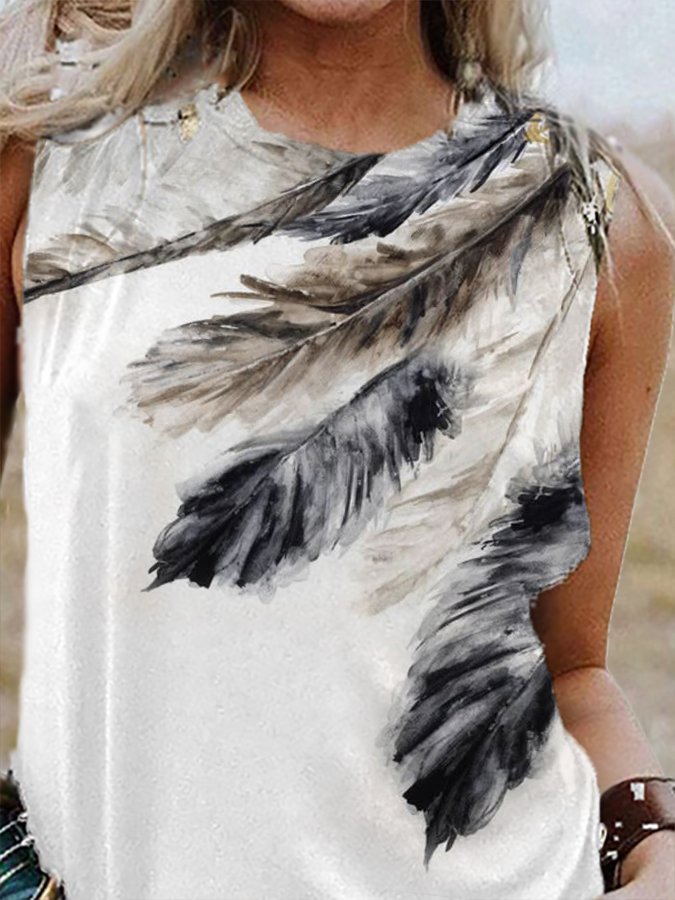 Western Feather V-Neck Sleeveless Tank Top