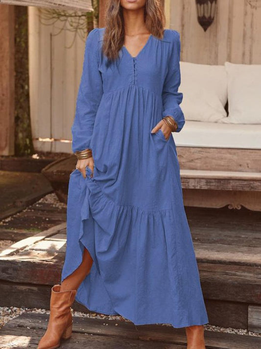 Women's Vintage Cotton Linen Long Sleeve Dress