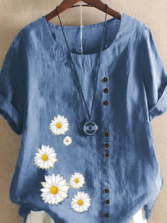 Cotton Linen Daisy Print Casual Shirt