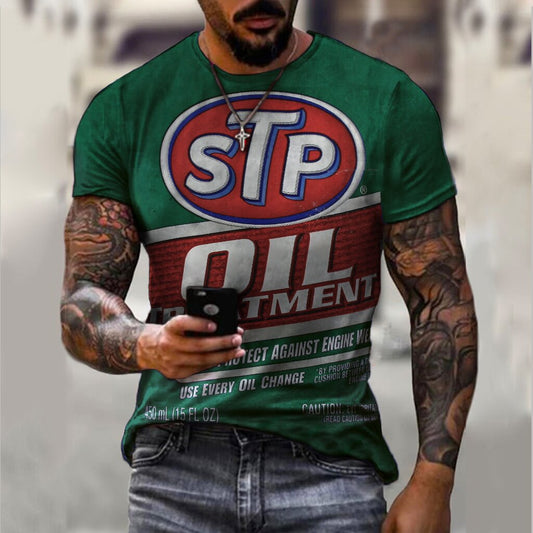 Retro Motor Oil Letter Print Short Sleeve T-shirt