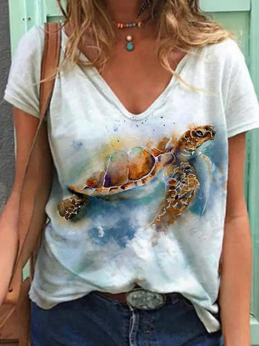 Women's Casual Turtle Print V-neck T-shirt