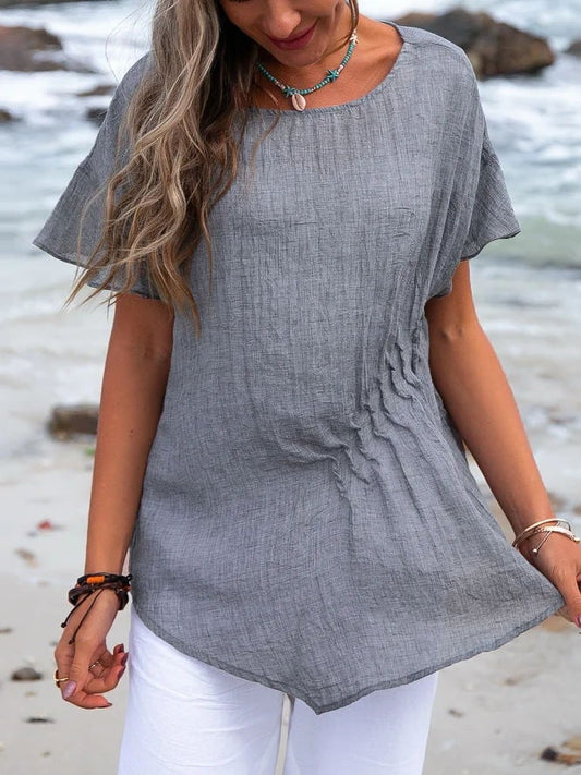 Women's Cotton Asymmetric Gathered Short Sleeve Shirt