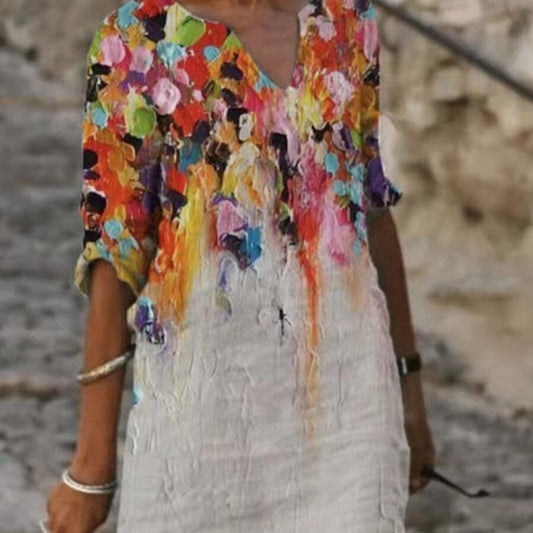 Fashion Oil Painting Printed V-neck Long Sleeve Casual Shift Dress