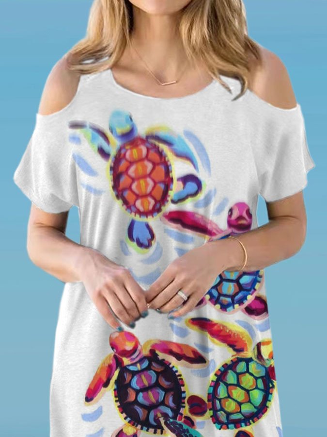 Off-Shoulder Crew Neck Printed Resort Dress