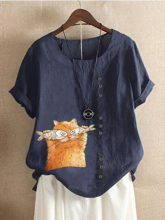 Taste Cat Print Cotton And Linen Shirt