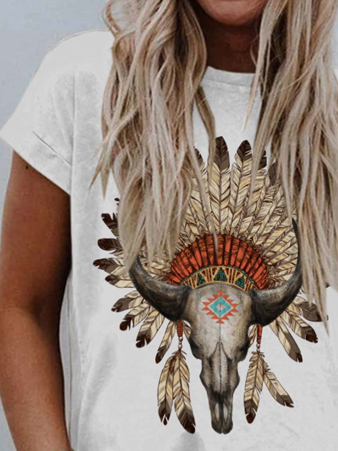 Vintage Feather Print Short Sleeve T-Shirt