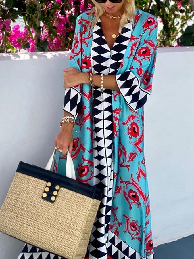 Fashion Printed Long Sleeve Ethnic Holiday Dress