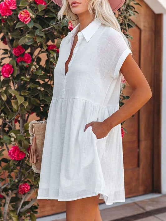 Women's V-Neck Single Breasted Cotton Linen Dress