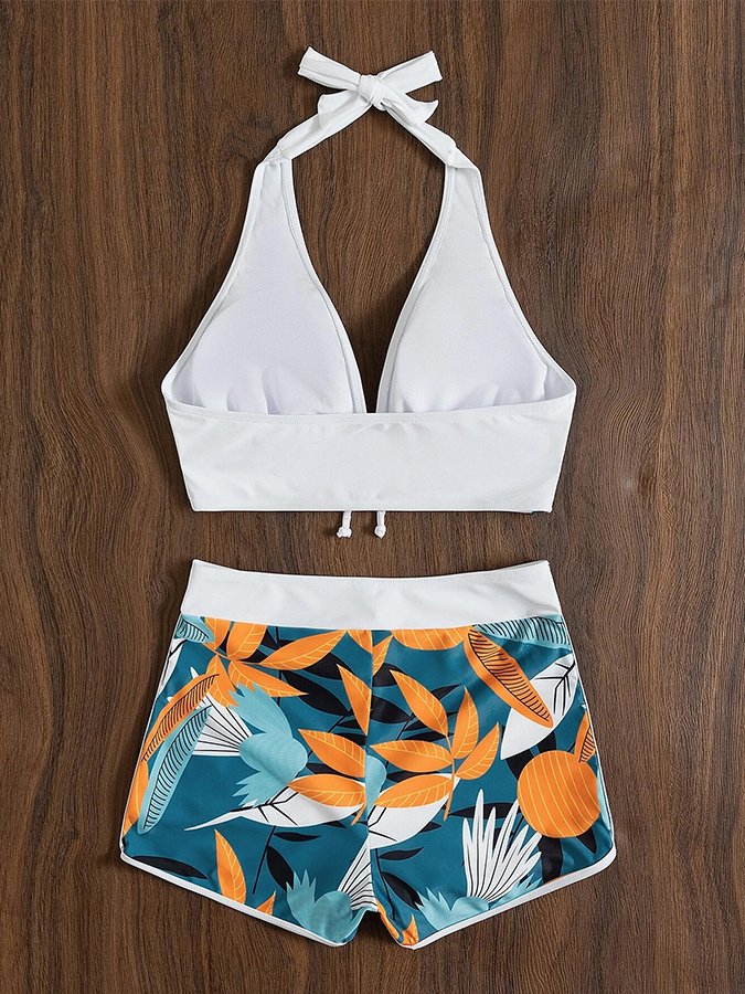 Women's Botanical Print High-Rise Boxer Bikini Swimsuit