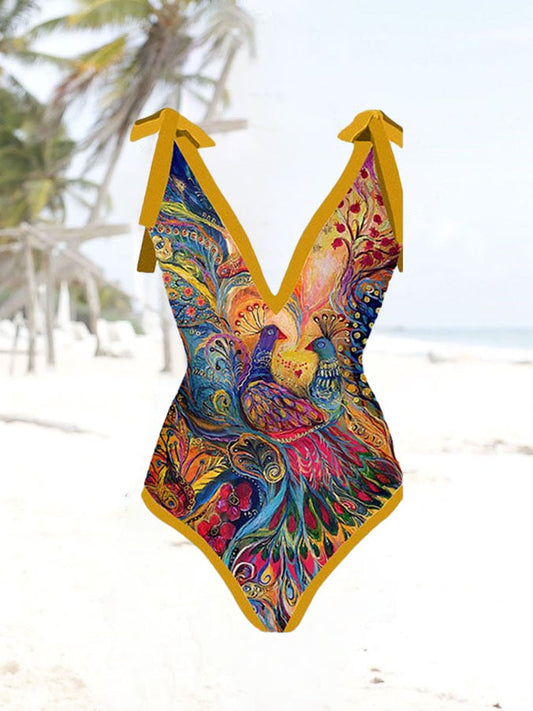 Peacock Floral Print Swimsuit And Apron