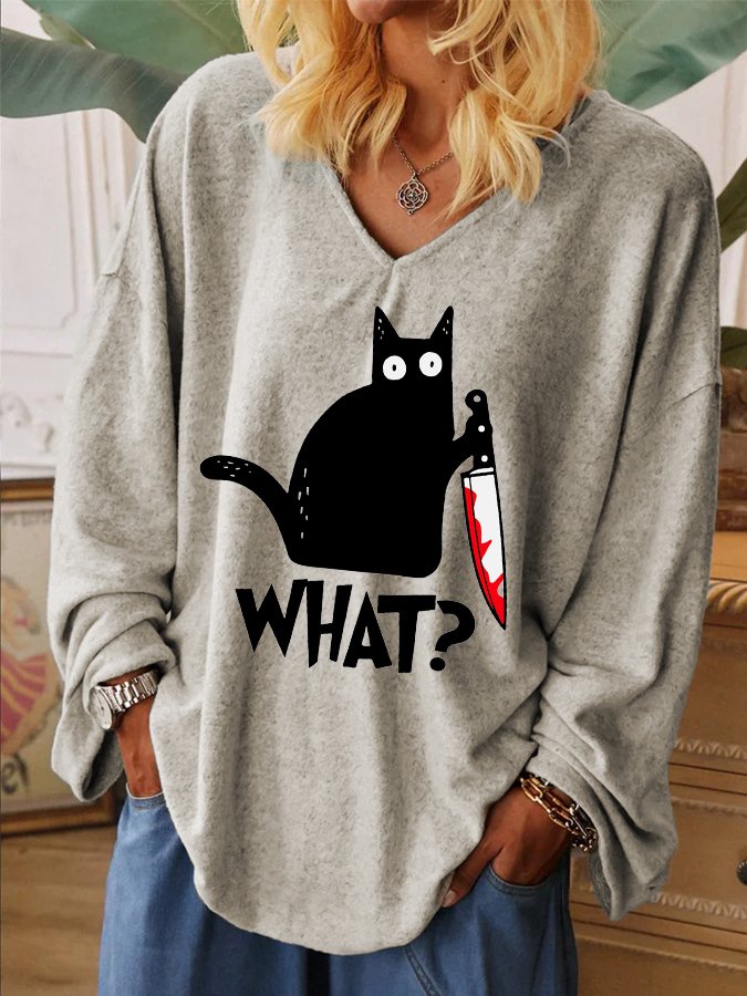 Women's Halloween Fun Black Cat Print V-Neck Long Sleeve T-Shirt