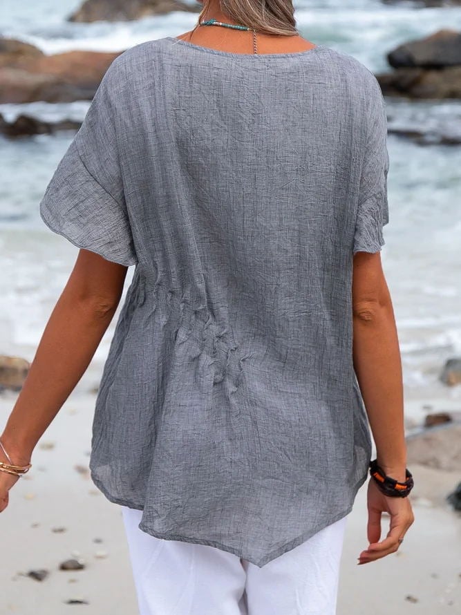 Women's Cotton Asymmetric Gathered Short Sleeve Shirt