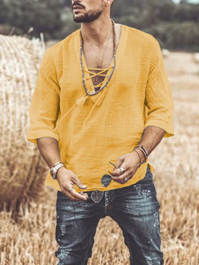 Men's Cotton Linen V-Neck T-Shirt