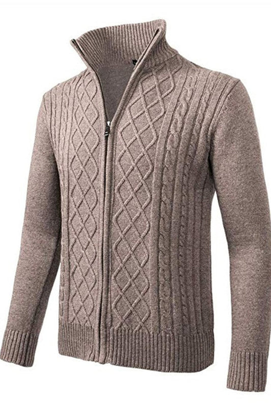 Solid Color Zipper High Neck Long Sleeve Cardigan