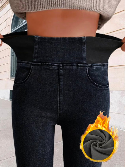 Hohe Taille Wärme Unifarben Denim Lässig Fest Jeans