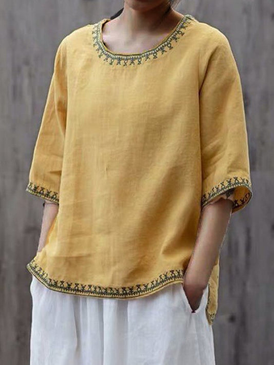 Women's Vintage Cotton Linen Solid Color Embroidery Round Neck T-shirt