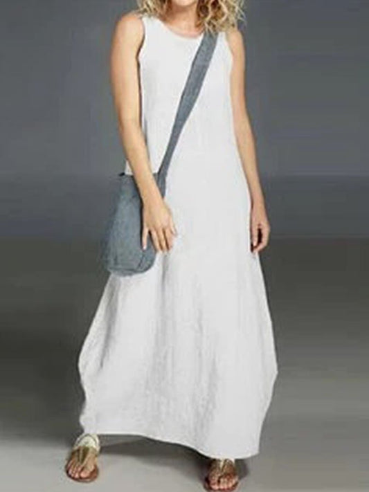 Solid Color Cotton Linen Casual Dress
