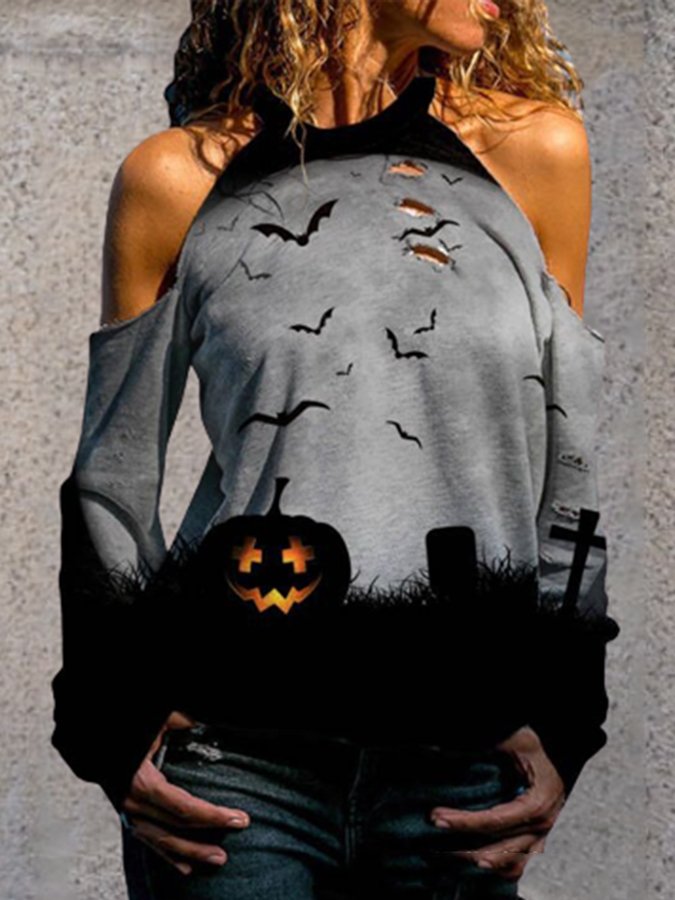 Halloween Off-The-Shoulder Print Shirt