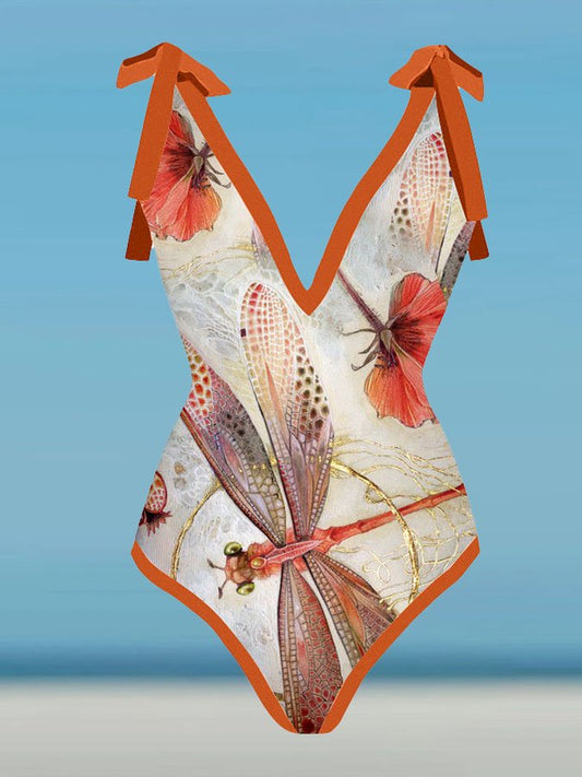 Fashion Print V-Neck One Piece Swimsuit Set