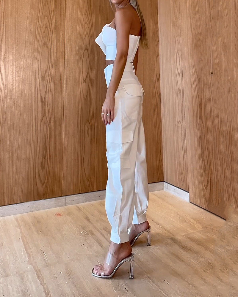 One Shoulder Sleeve Top Pants Solid Color Two Piece Suit