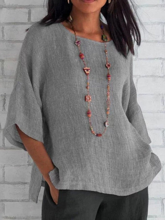 Women's Cotton Linen Three-quarter Sleeve Crew Neck Shirt