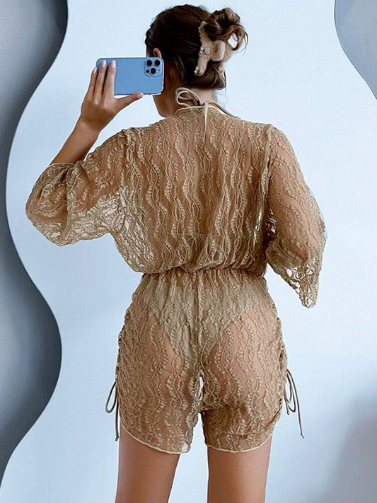 Sexy mesh waist drawstring sunscreen blouse 3-piece bikini