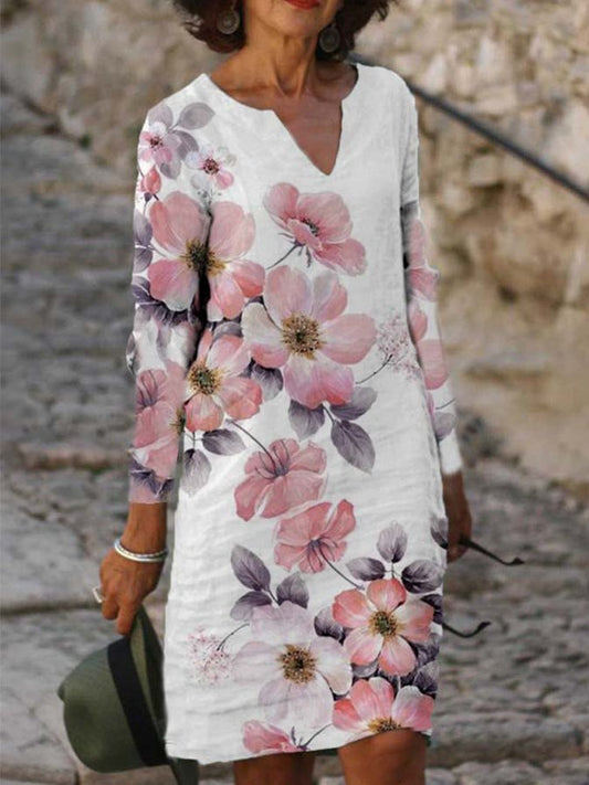 V-Neck Floral Print Casual Long Sleeve Dress