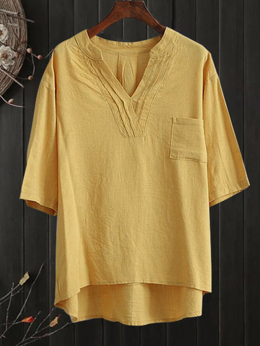 Cotton Linen V-Neck Half Sleeve Casual Top