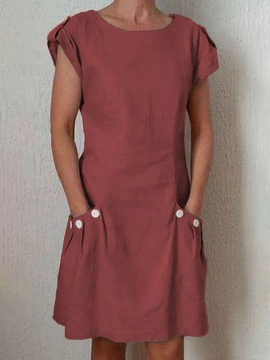 Women's Pure Color Pleated Pocket Cotton Dress