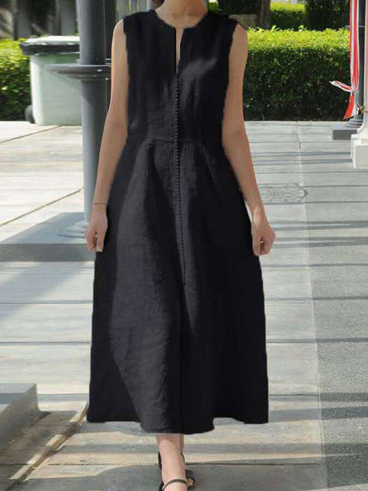 Ladies Cotton Linen V-Neck Waist Sleeveless Dress