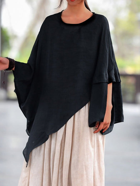 Irregular Cotton And Linen Solid Color Pullover