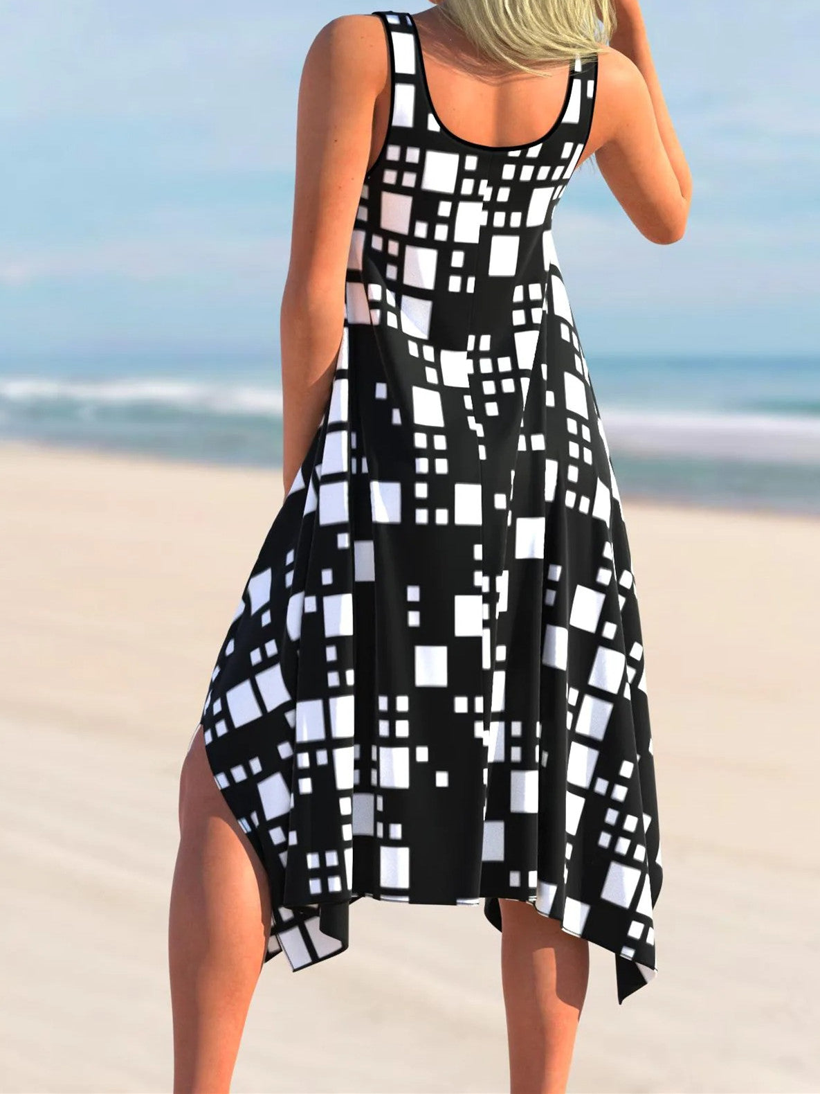 Color Block Geometric Print Asymmetric Hem Cover Up Dress