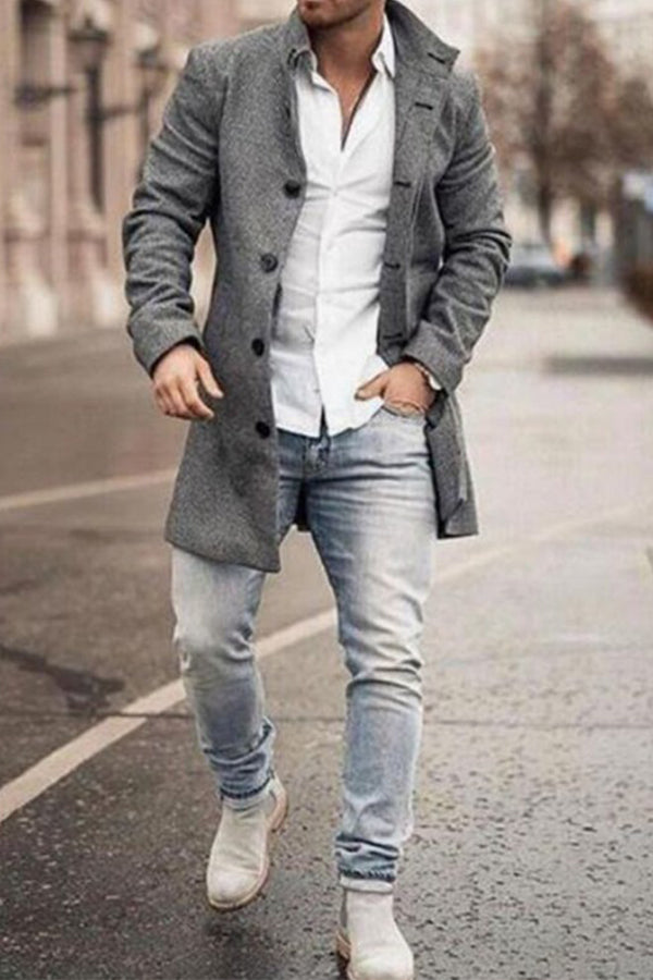 New Men's Woolen Stand Collar Mid-length Casual Coat with Pockets