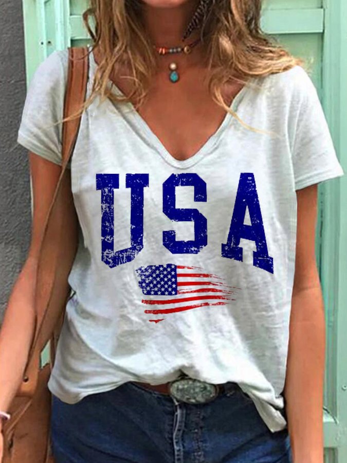 Women's 4th Of July American Flag Print Casual V-Neck Tee