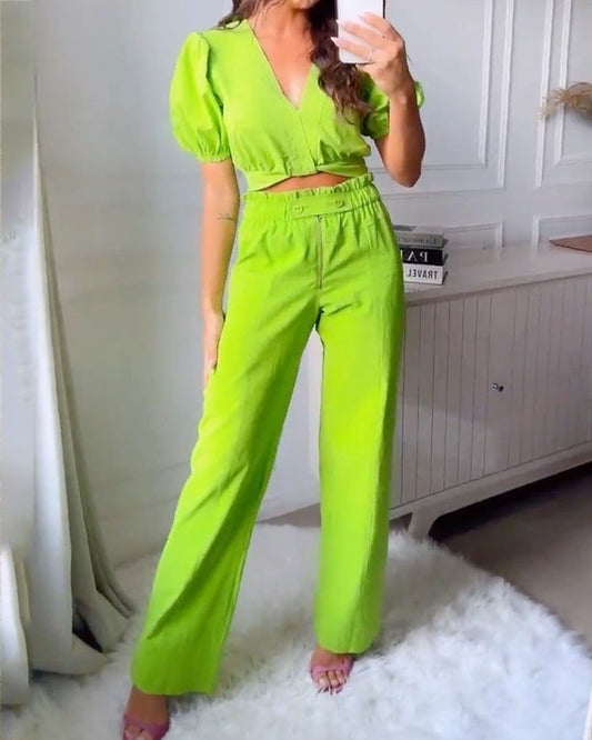 Casual Solid Color V-neck Top & Pants Two-piece Set