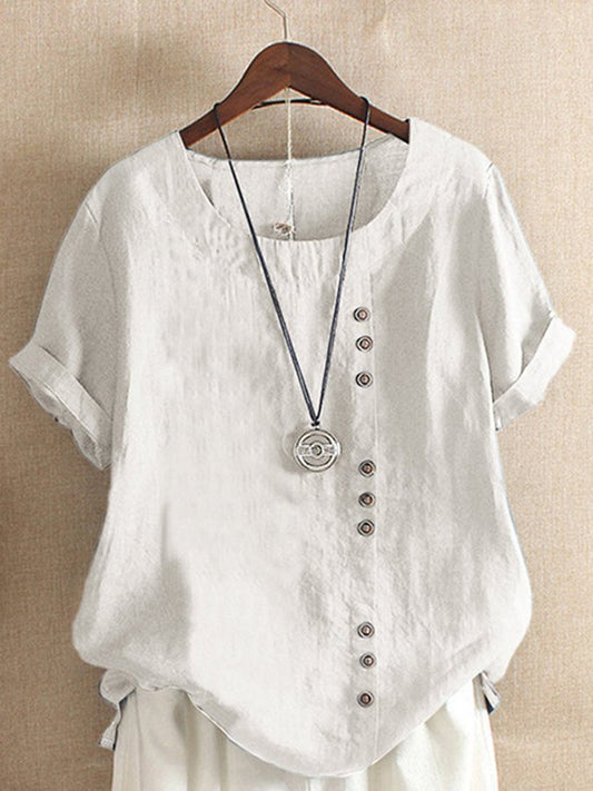 Women's Vintage Cotton Linen Button Crew Neck Short Sleeve T-Shirt