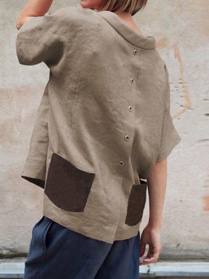 Round Neck Solid Color Cotton And Linen T-Shirt