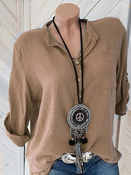 Casual Solid Color Cotton And Linen Tops