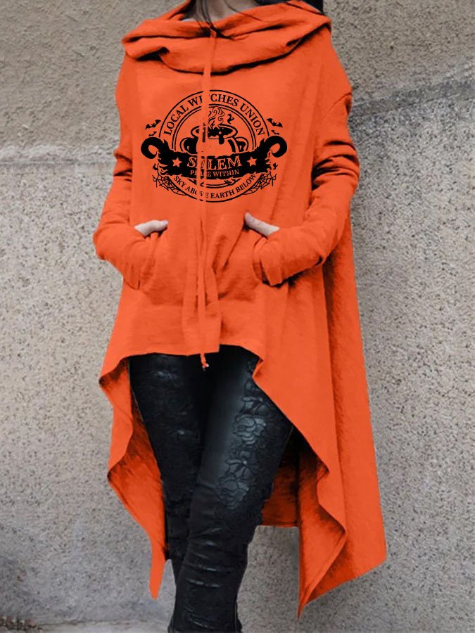 Irregular Fashion Print Long Sleeve Pocket Hooded Sweatshirt