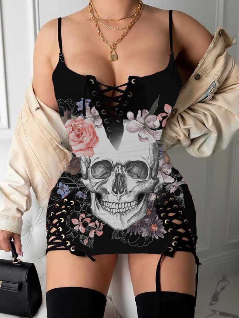 Lace Up Skull Printed Slip Dress