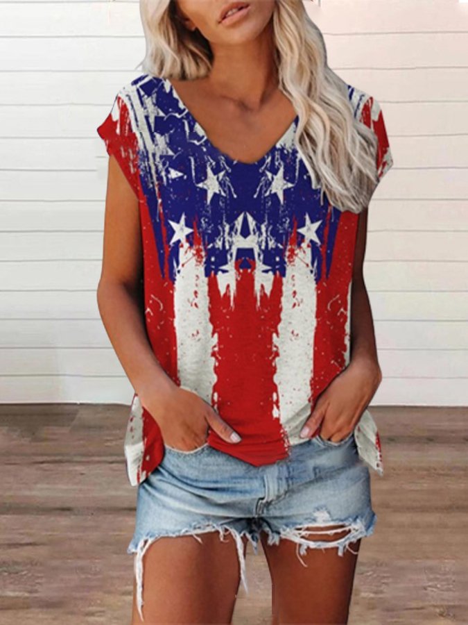 Women's American Flag Printed V-neck T-shirt